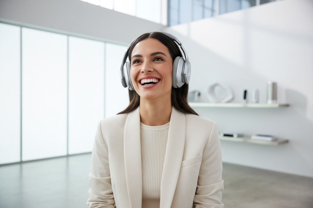 Femme joyeuse avec casque